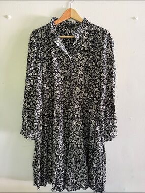 J. Crew Black and White Floral Long Sleeve Tiered Dress